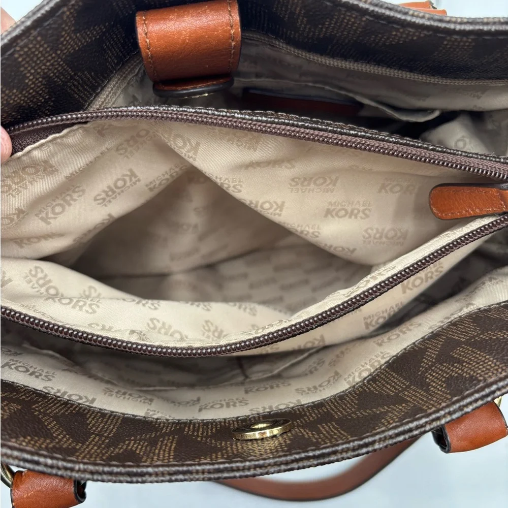 Michael Kors Hamilton Large Brown MK Logo Tote Bag Gold Chain Leather Trim‎ Bag